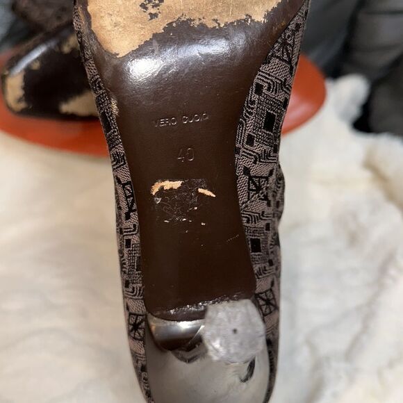 Gianfranco FERRE 40 Genuine Leather Canvas Logo Brown Heeled Zip Booties - Picture 8 of 14